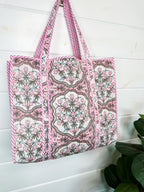 Quilted Cotton Reversible Large Tote Bag - Pink Petals Print