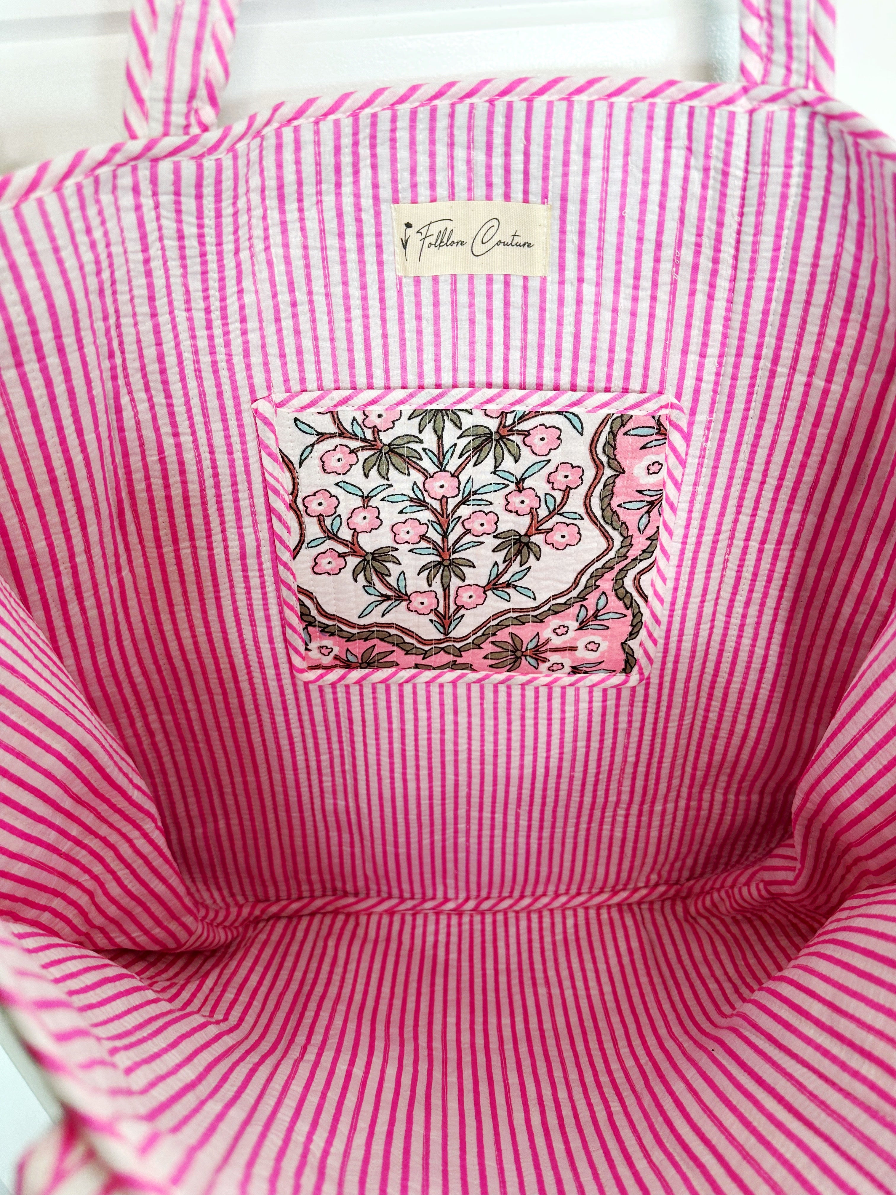 Quilted Cotton Reversible Large Tote Bag - Pink Petals Print