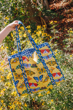 Yellow Butterfly Print Quilted Cotton Reversible Large Tote Bag
