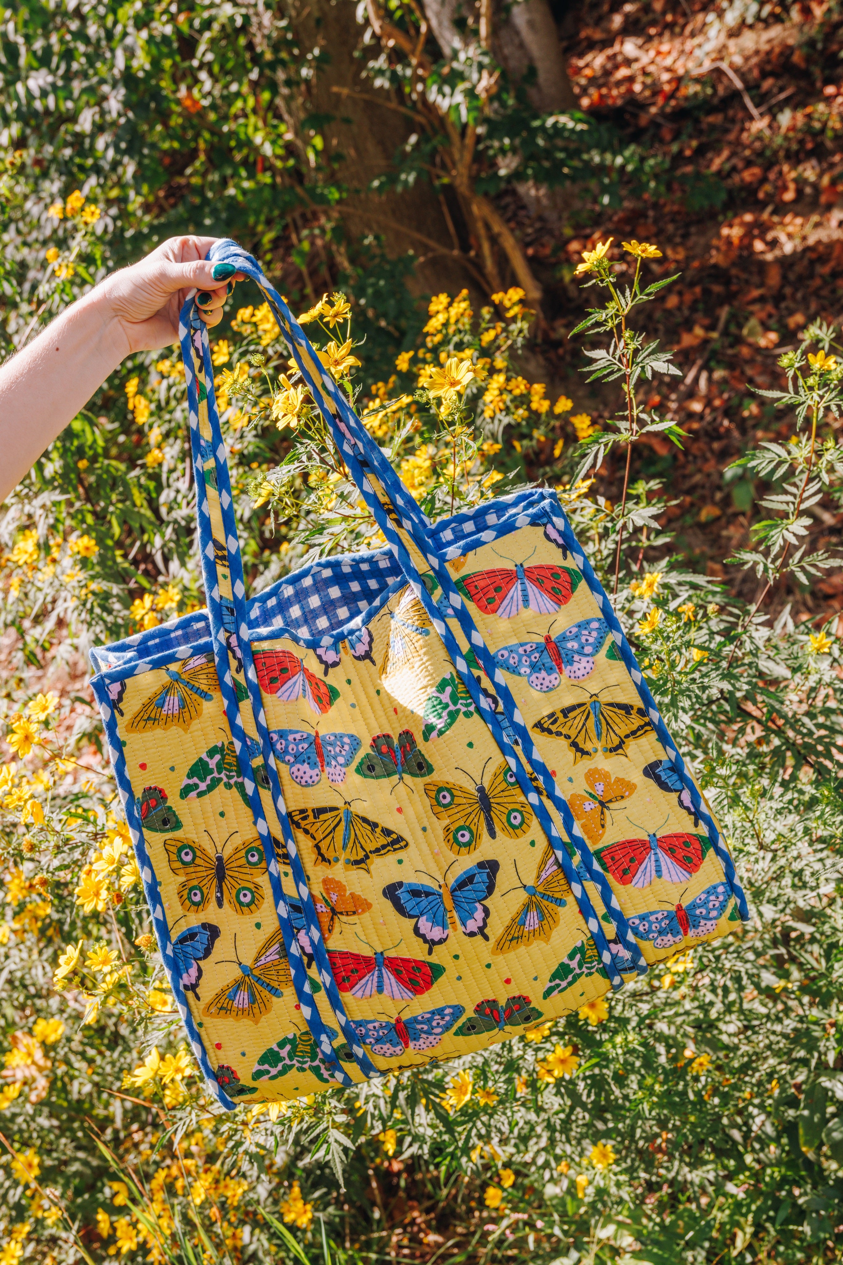 Yellow Butterfly Print Quilted Cotton Reversible Large Tote Bag