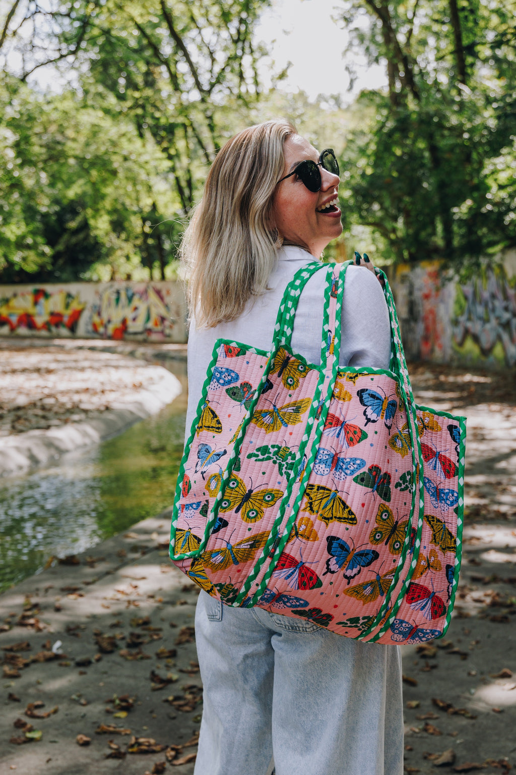 Pink Butterfly Print Quilted Cotton Reversible Large Tote Bag