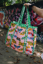 Pink Butterfly Print Quilted Cotton Reversible Large Tote Bag