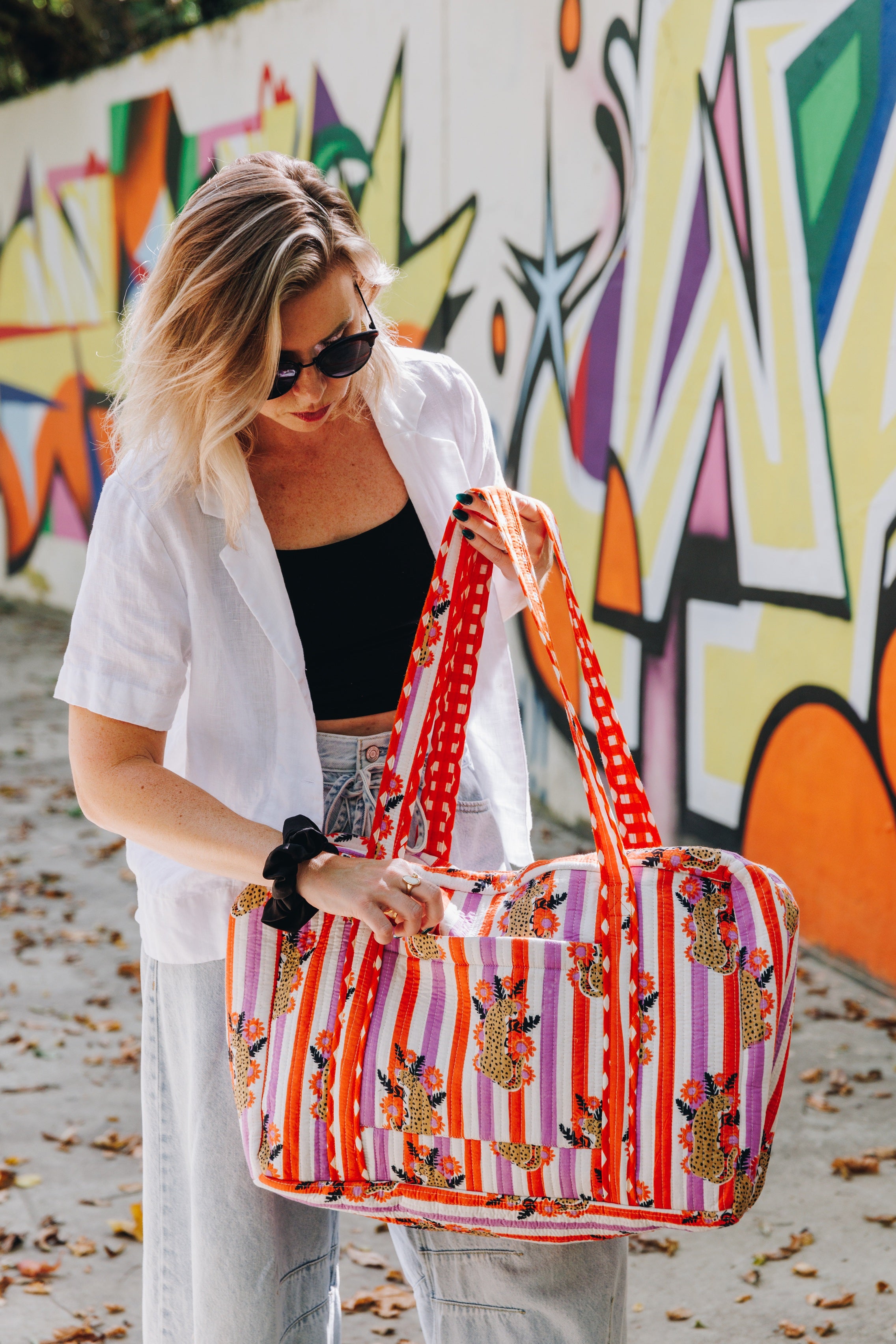 Orange and Purple Jaguar Print Quilted Weekender Overnight Bag