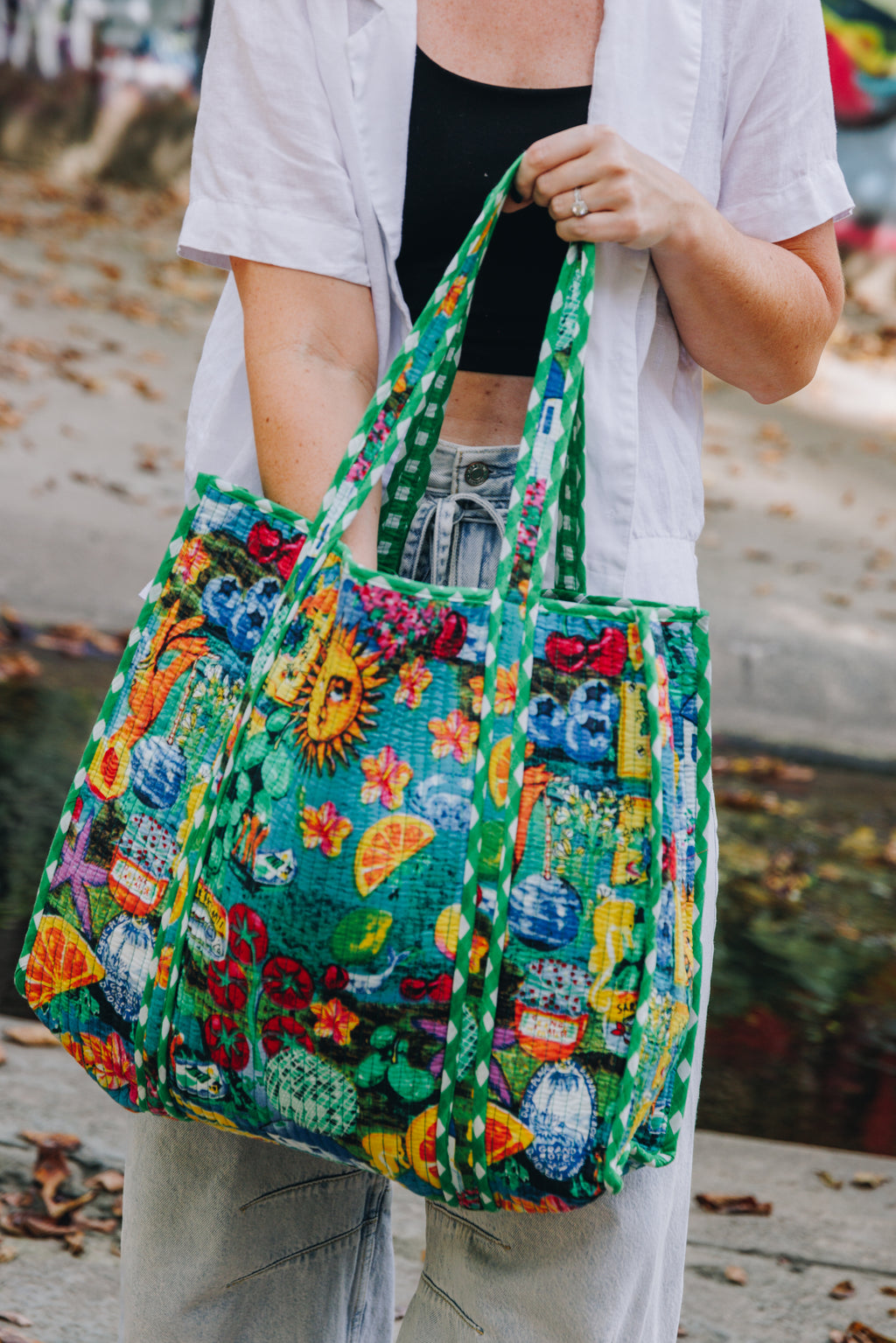 Santorini Vibes Quilted Cotton Reversible Large Tote Bag