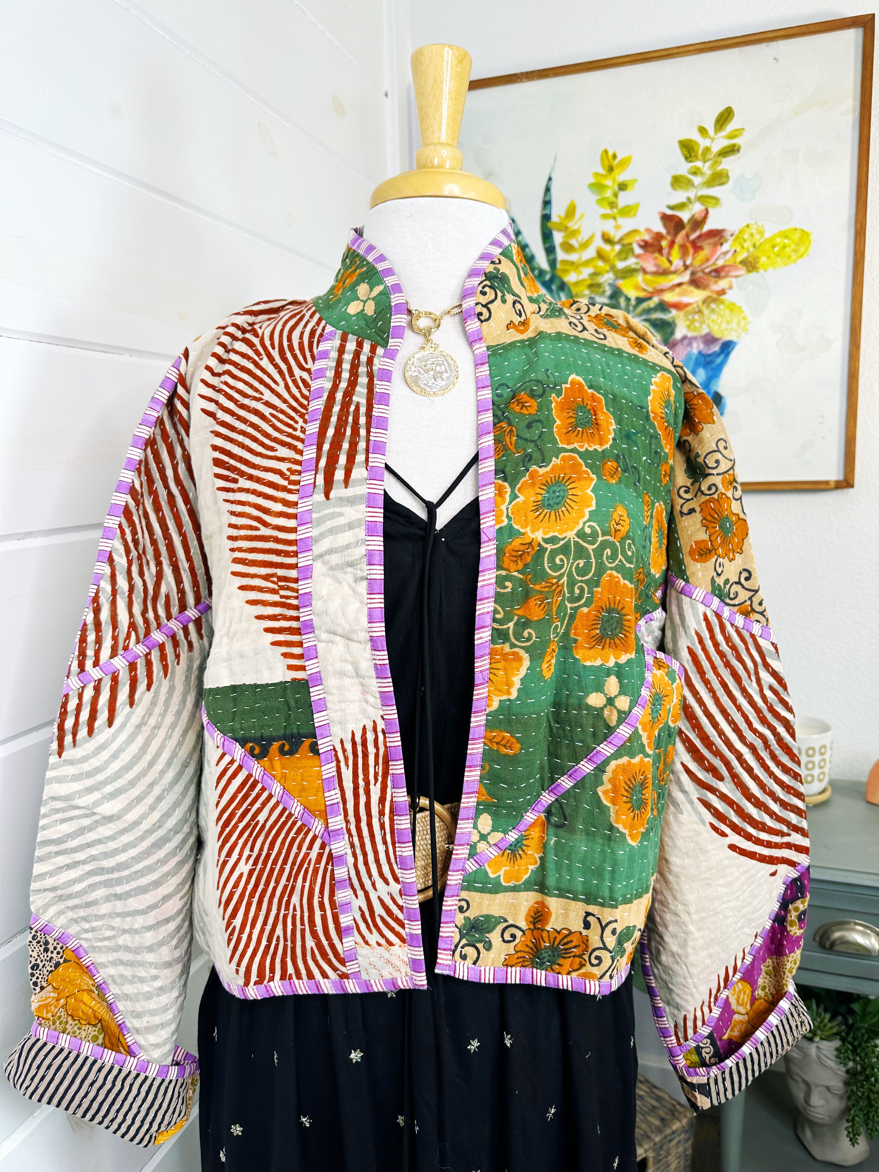 Boho Patchwork Kantha Jacket – Handmade Quilted & Reversible Blanket Coat