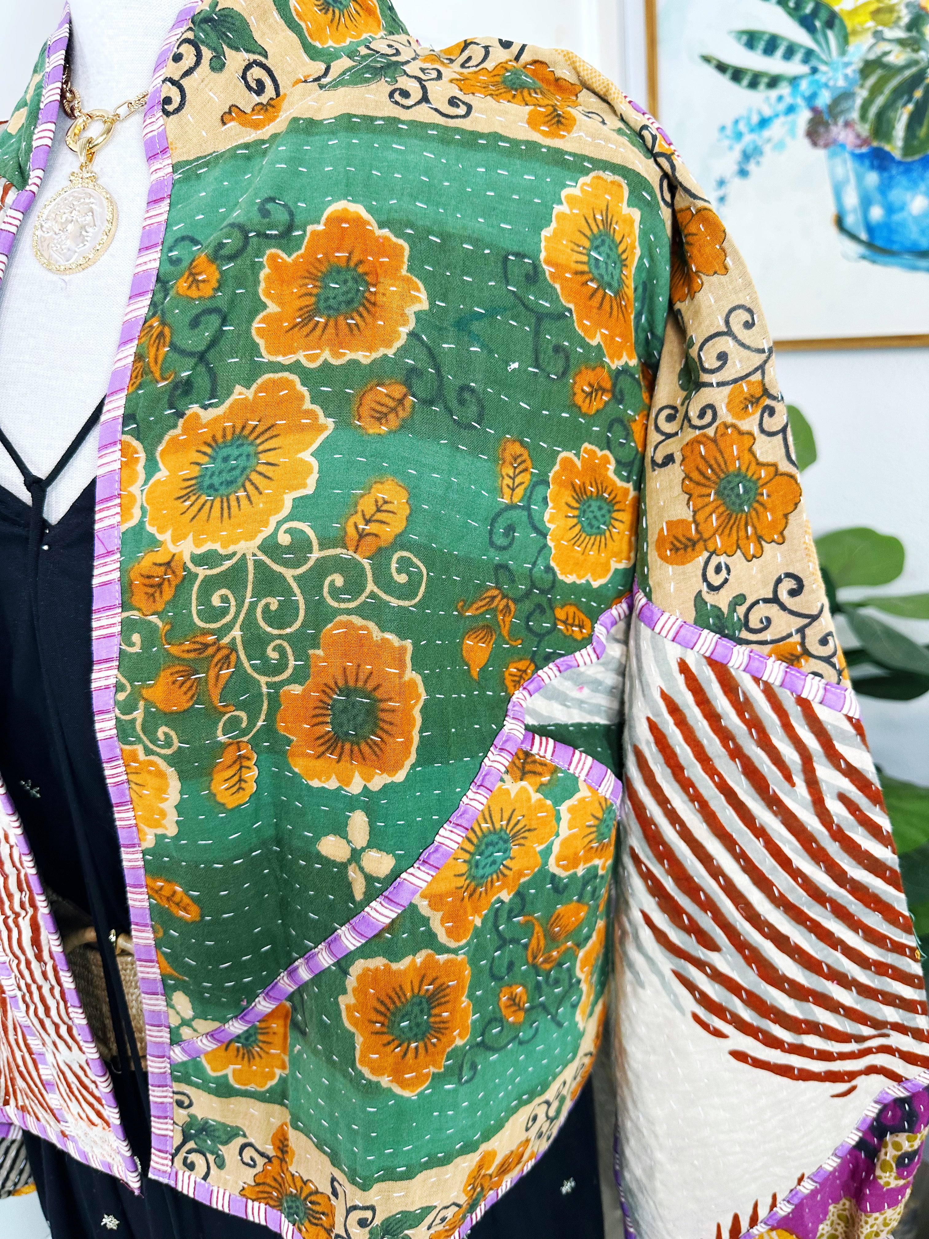 Boho Patchwork Kantha Jacket – Handmade Quilted & Reversible Blanket Coat