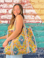 Yellow Peacock Print Quilted Cotton Reversible Large Tote Bag