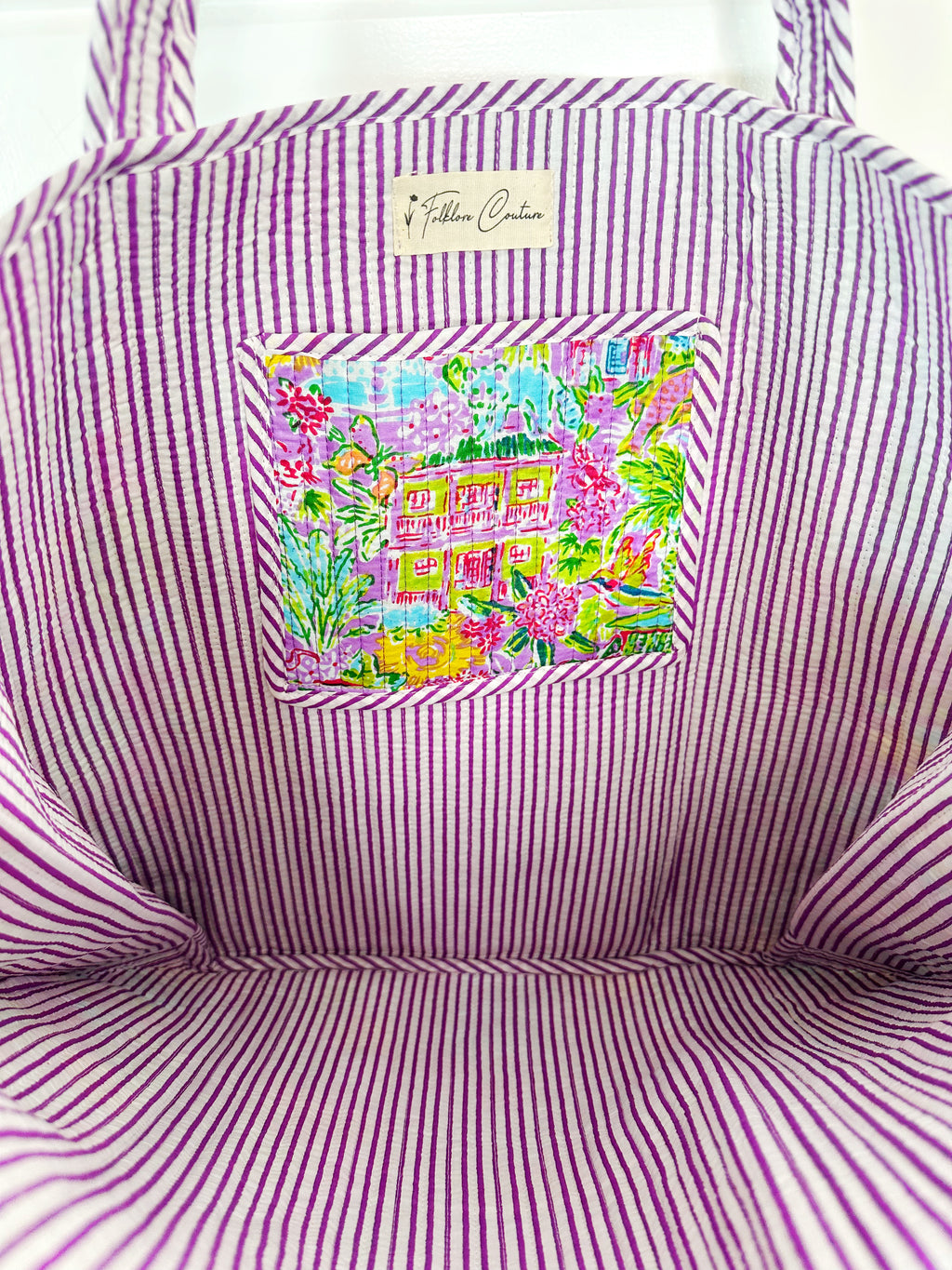 Purple Tropical Southern Town Print Quilted Cotton Reversible Large Tote Bag
