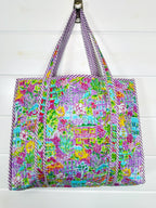 Purple Tropical Southern Town Print Quilted Cotton Reversible Large Tote Bag