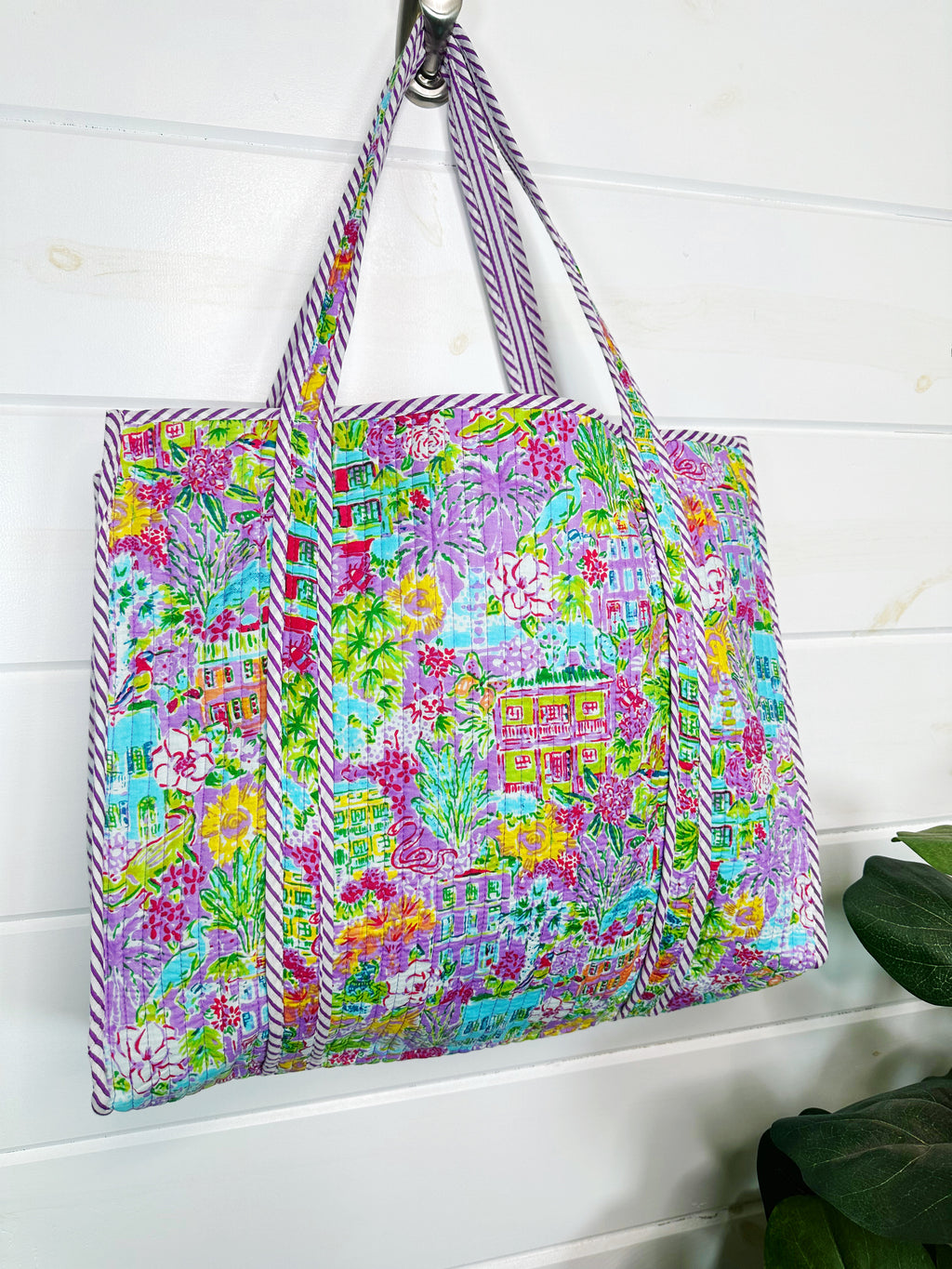 Purple Tropical Southern Town Print Quilted Cotton Reversible Large Tote Bag