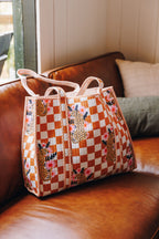 Gold Checkered Jaguar Print Quilted Cotton Tote Bag