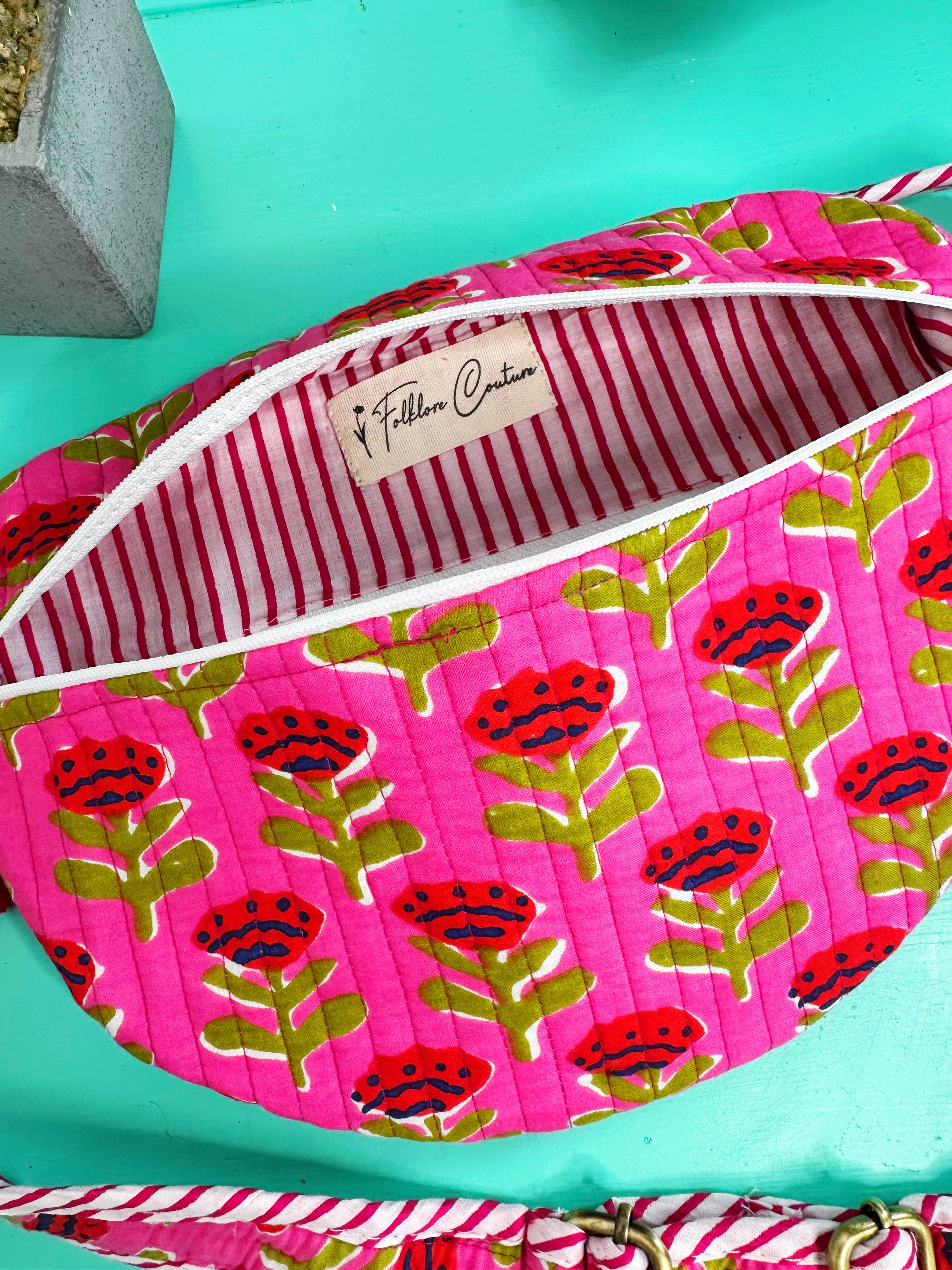 Hot Pink Floral Print Quilted Belt Bag Crossbody Sling Fanny Pack