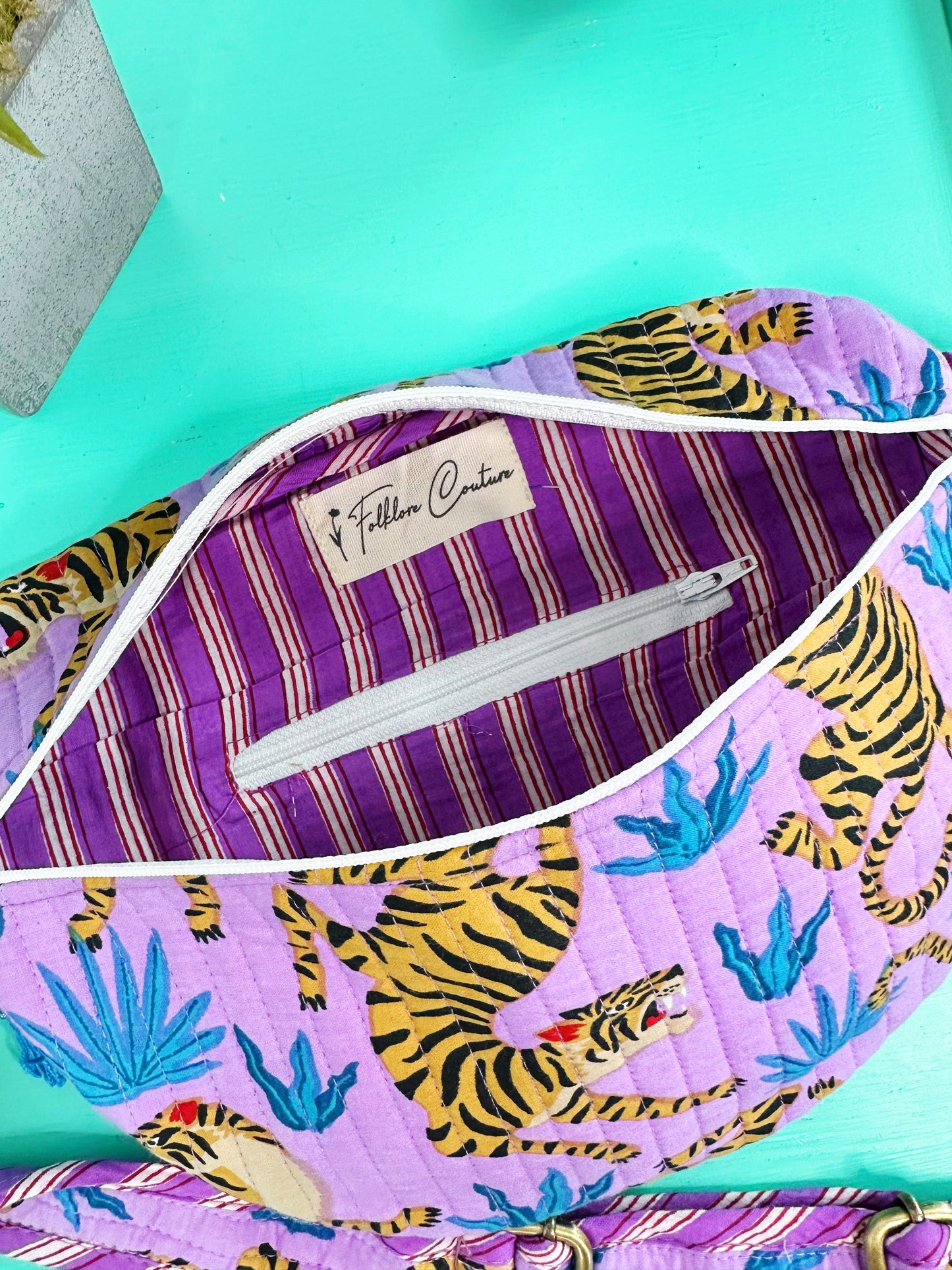 Purple Tiger Print Quilted Belt Bag Crossbody Sling Fanny Pack