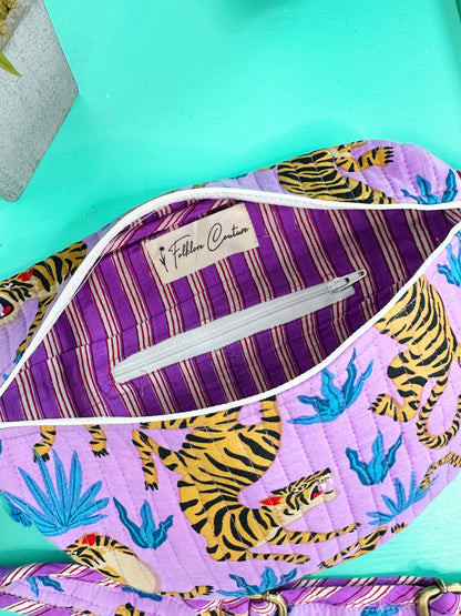 Purple Tiger Print Quilted Belt Bag Crossbody Sling Fanny Pack