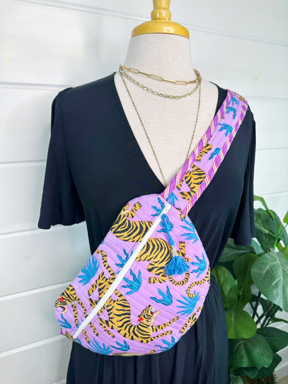 Purple Tiger Print Quilted Belt Bag Crossbody Sling Fanny Pack