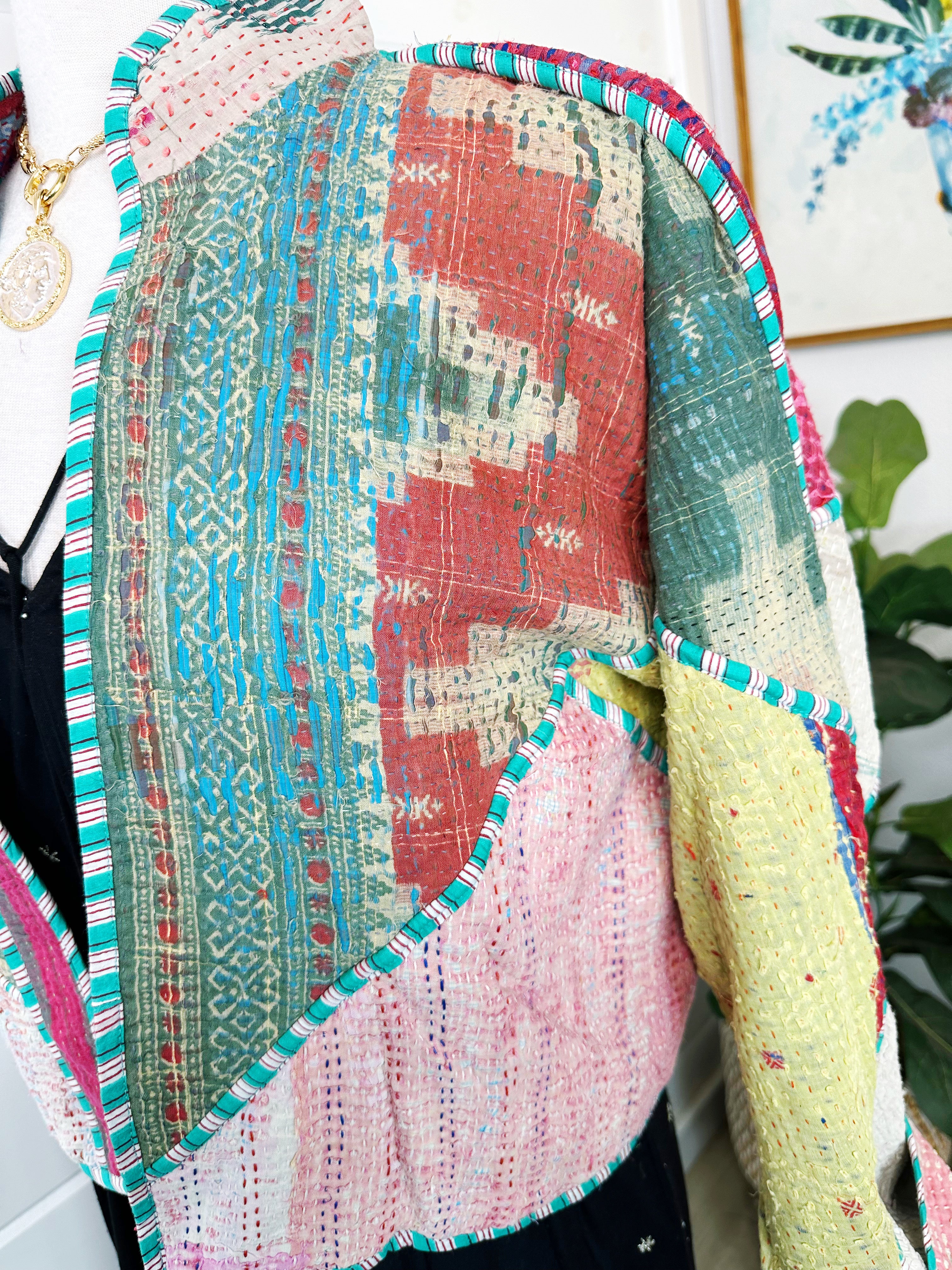 Boho Patchwork Kantha Jacket – Handmade Quilted & Reversible Blanket Coat