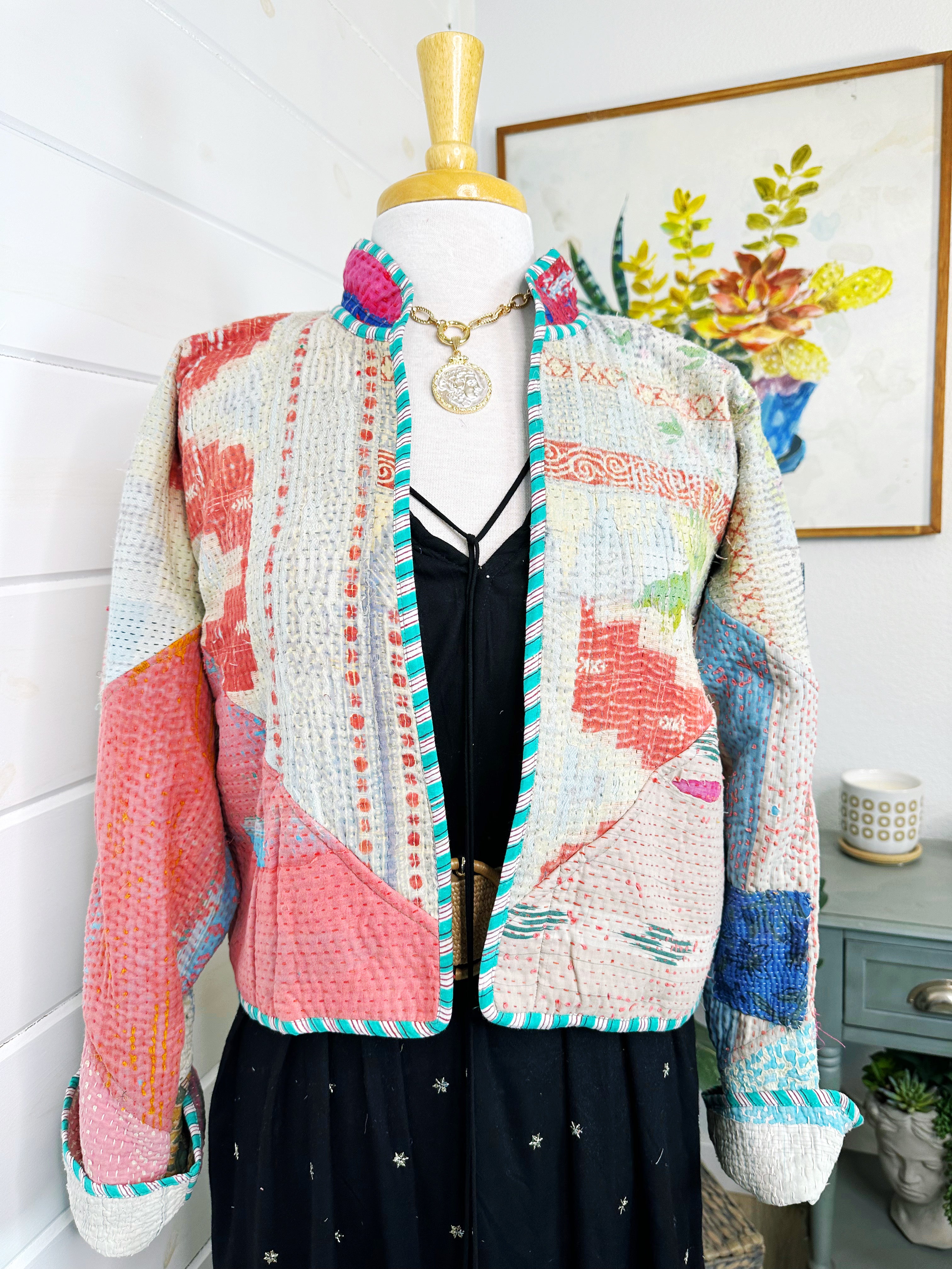 Boho Patchwork Kantha Jacket – Handmade Quilted & Reversible Blanket Coat