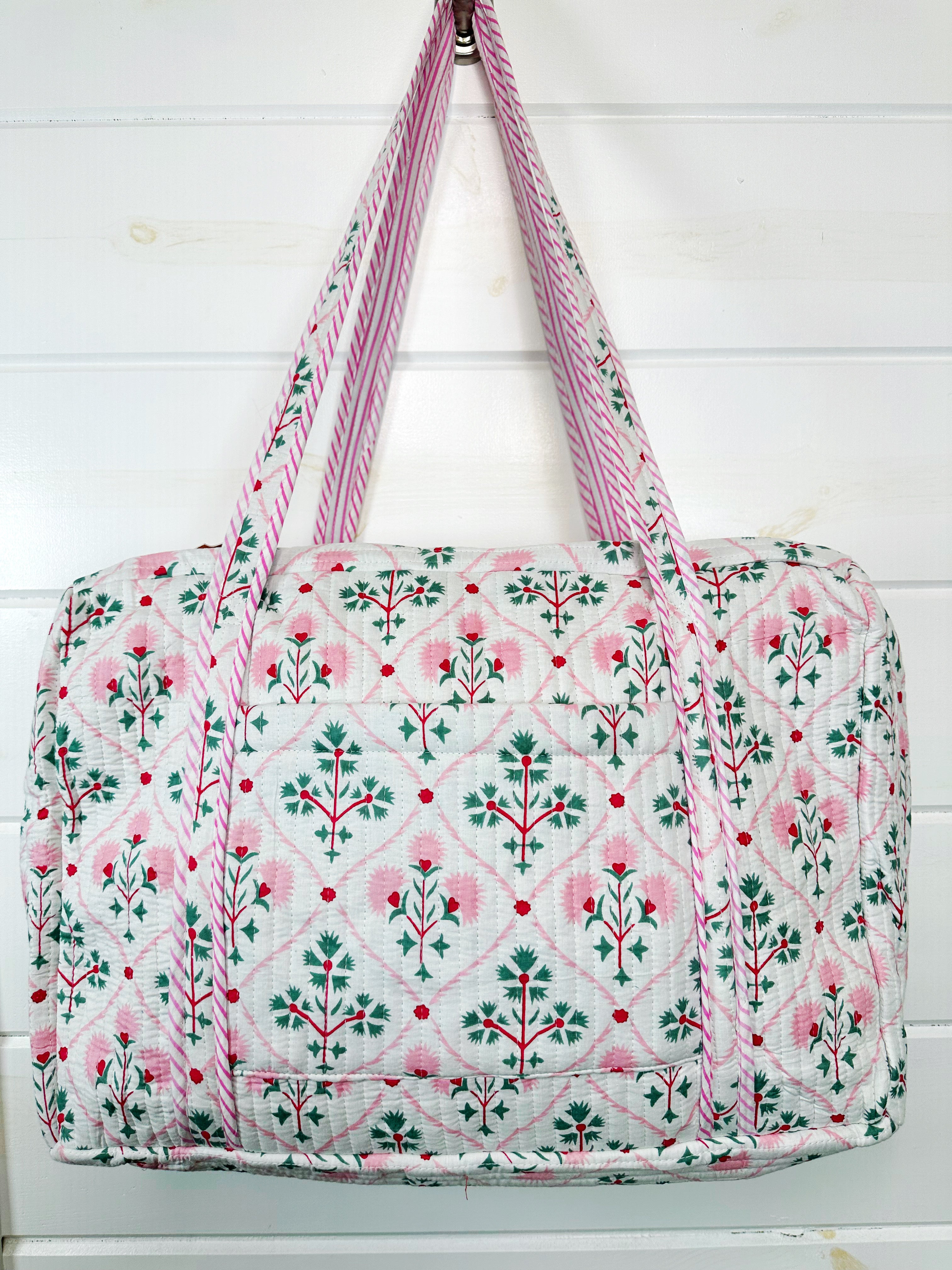 Folk Floral Print Quilted Weekender Overnight Bag