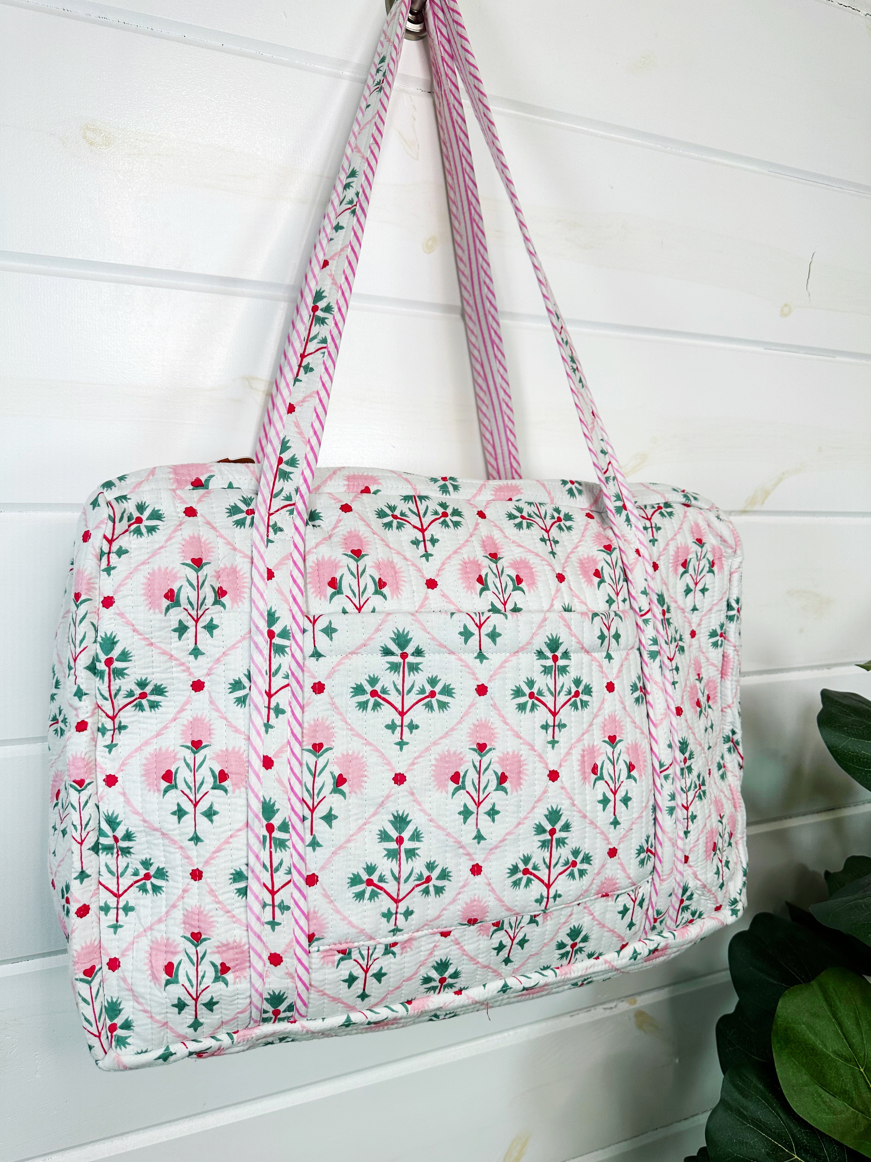 Folk Floral Print Quilted Weekender Overnight Bag