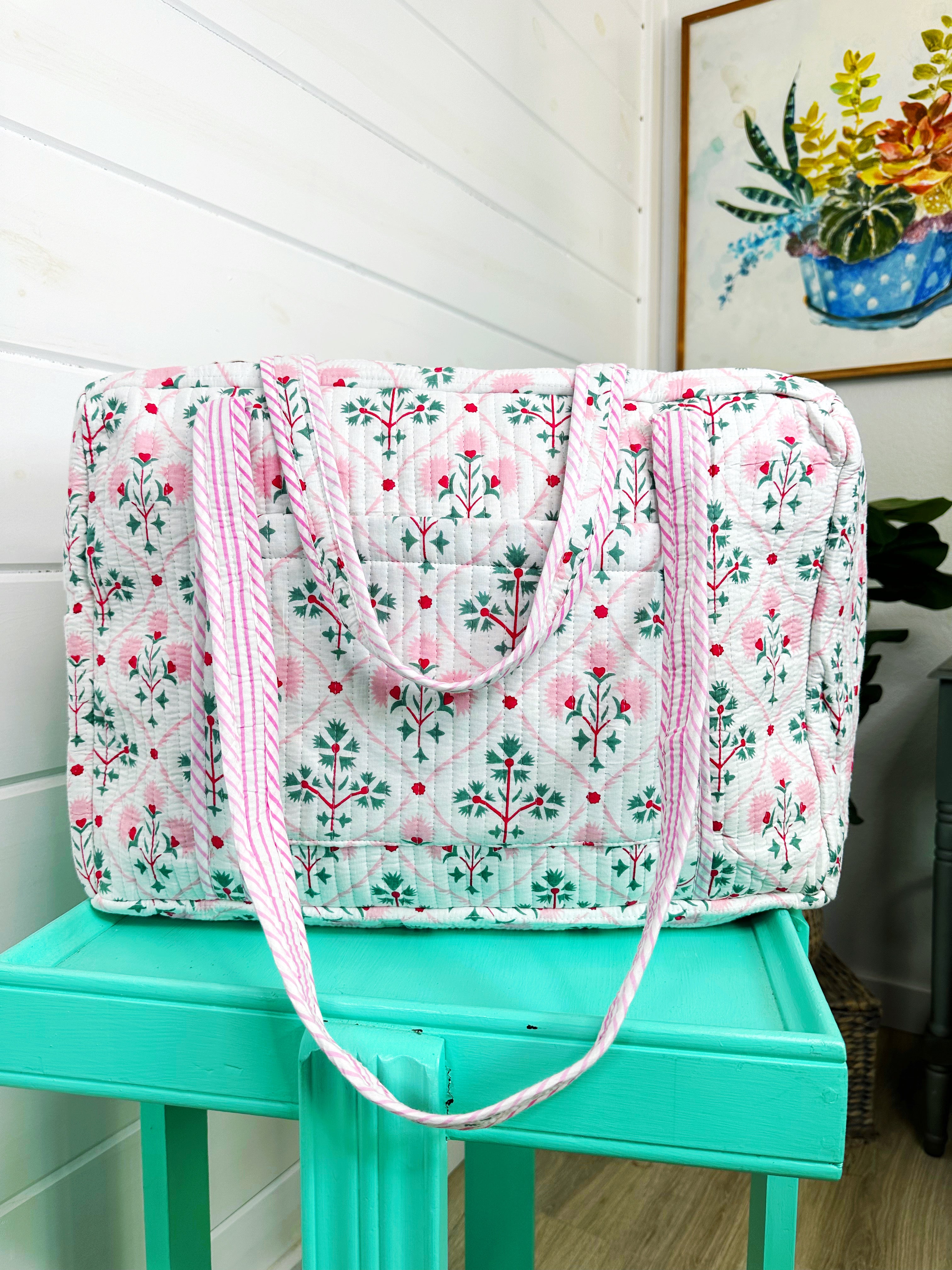 Folk Floral Print Quilted Weekender Overnight Bag