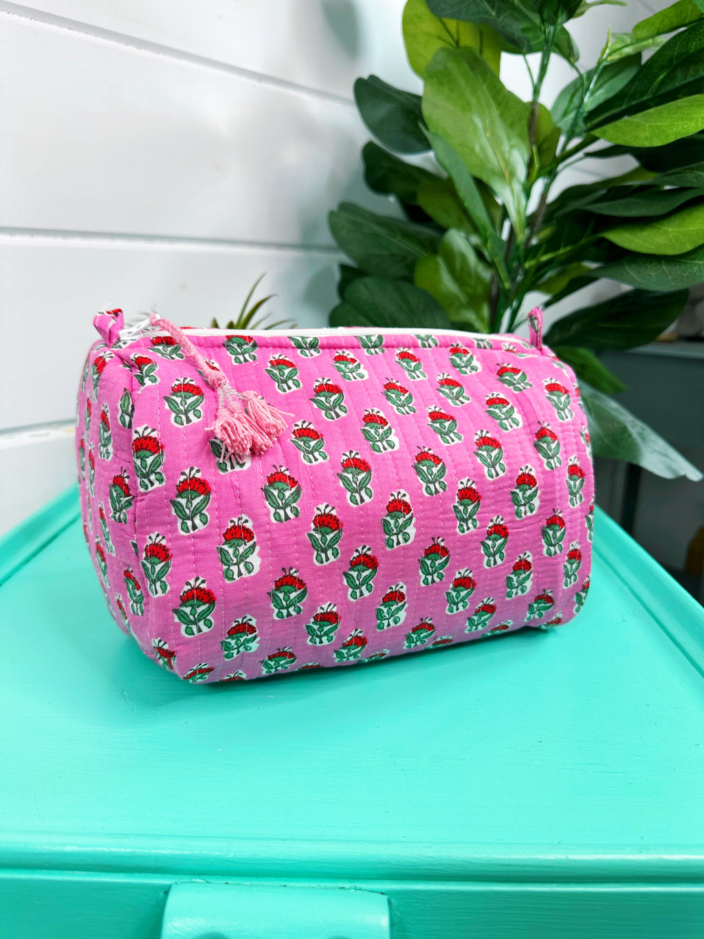 Quilted Makeup Cosmetics Toiletry Bag - Pink Floral Print