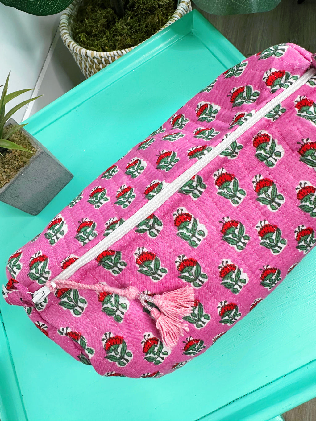 Quilted Makeup Cosmetics Toiletry Bag - Pink Floral Print