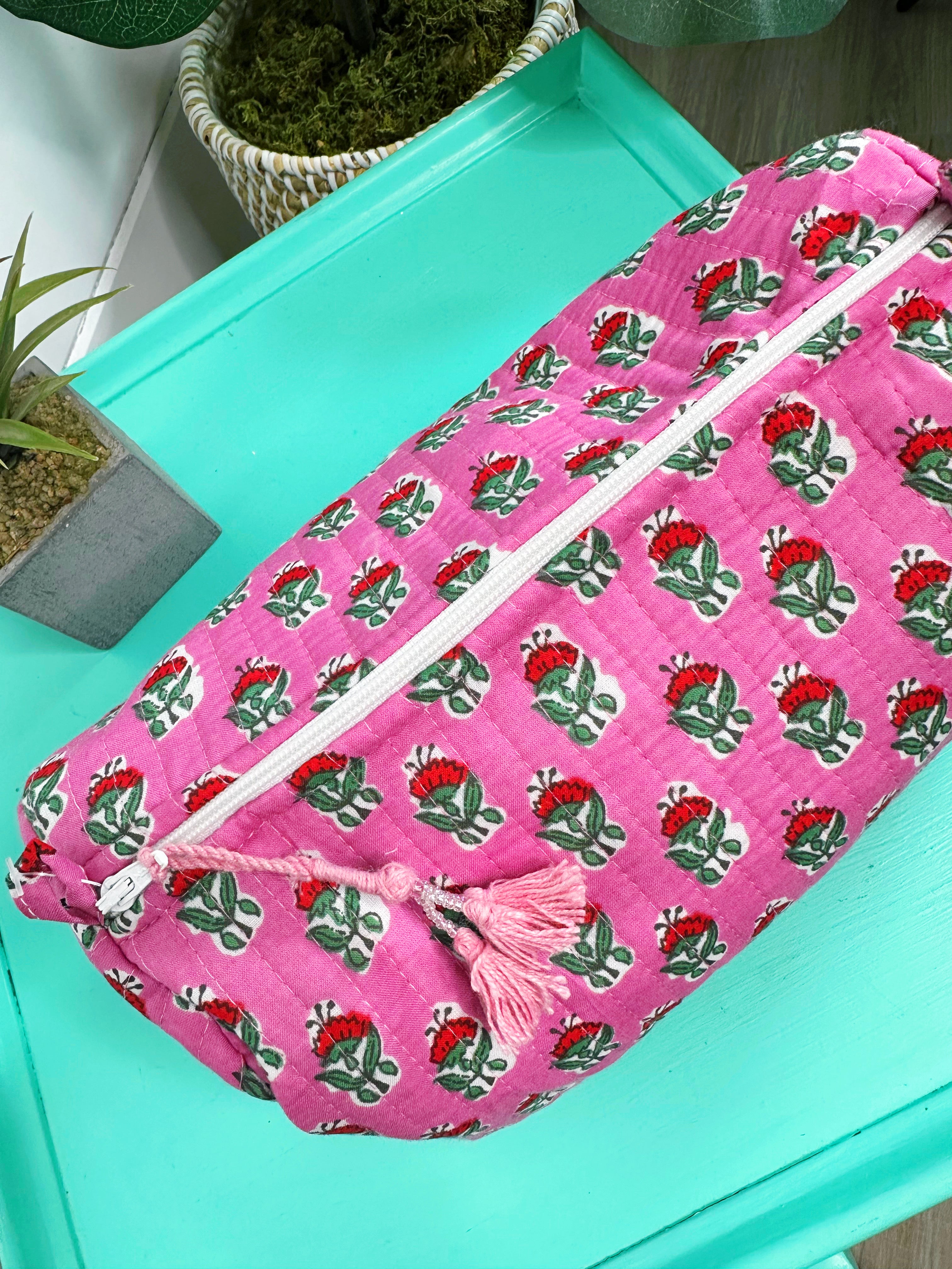 Quilted Makeup Cosmetics Toiletry Bag - Pink Floral Print