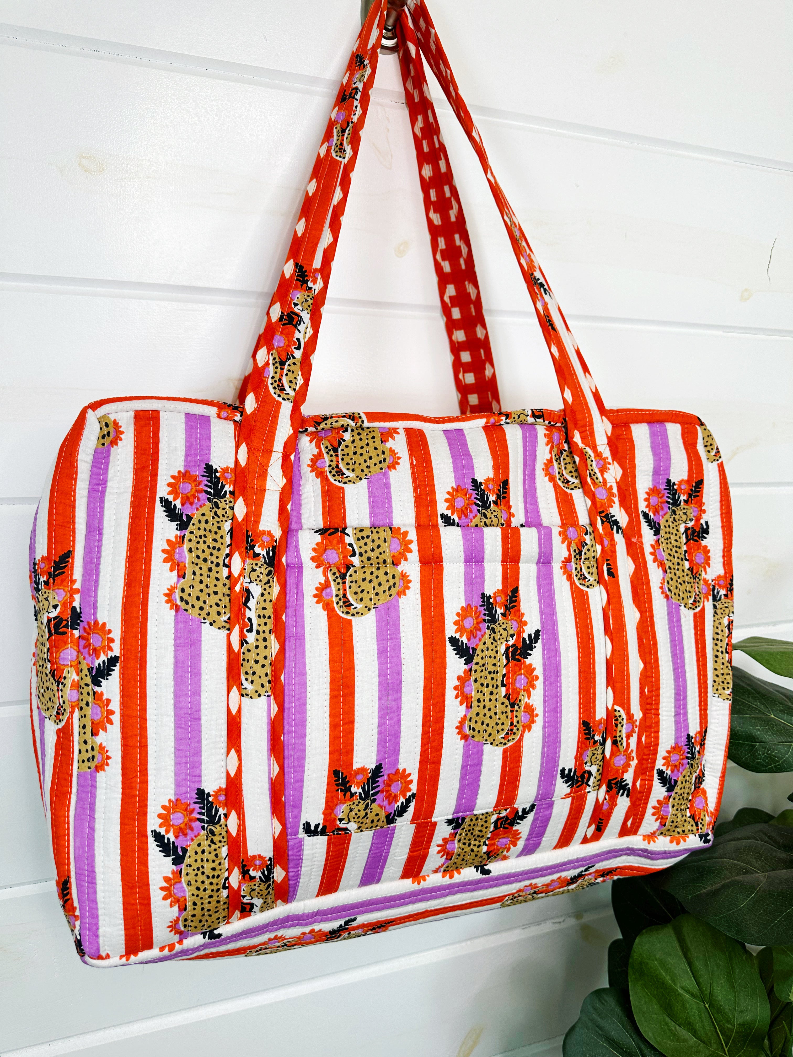Orange and Purple Jaguar Print Quilted Weekender Overnight Bag
