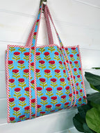 Blue and Red Floral Print Quilted Cotton Reversible Large Tote Bag