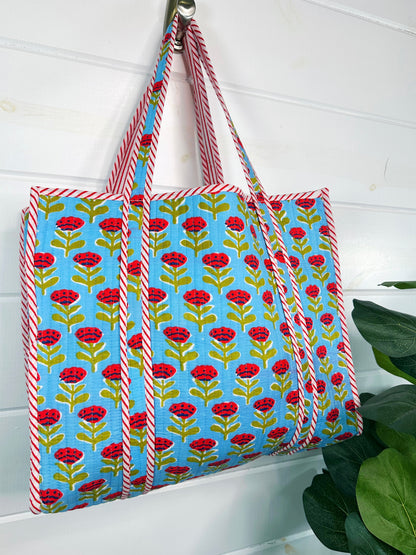 Blue and Red Floral Print Quilted Cotton Reversible Large Tote Bag