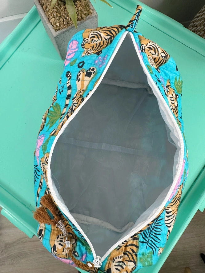 Aqua Blue Tiger Print Quilted Makeup Cosmetics Toiletry Bag
