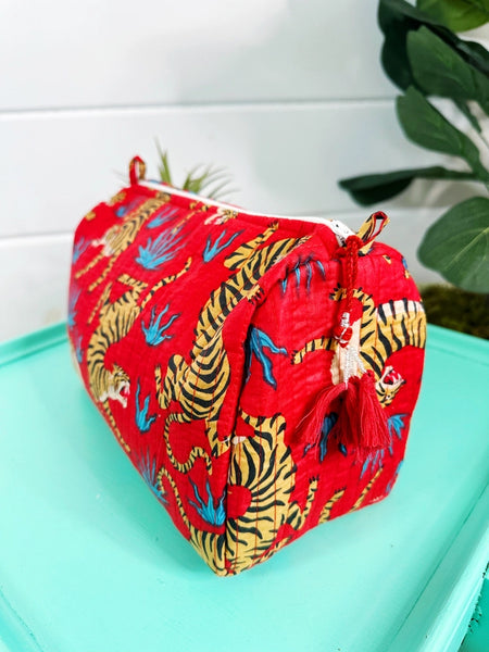 Red Tiger Print Quilted Makeup Cosmetics Toiletry Bag