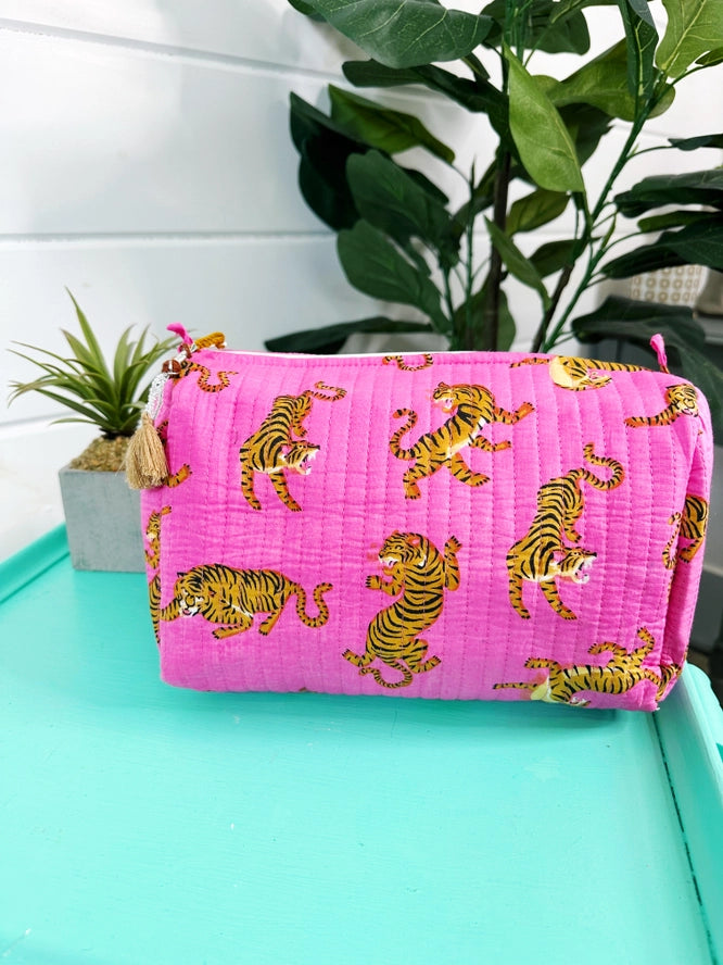 Bright Pink Tiger Print Quilted Makeup Cosmetics Toiletry Bag