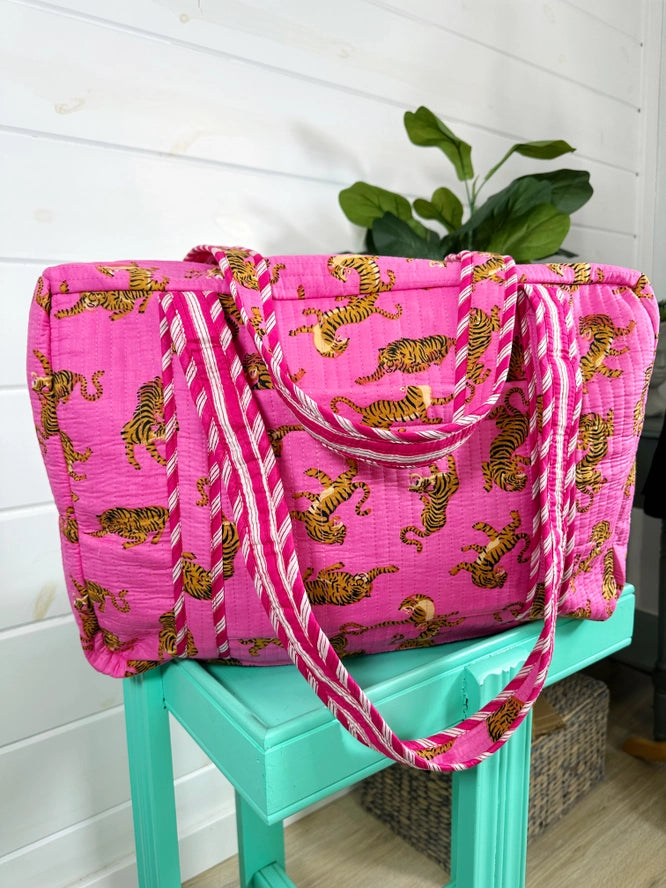 Bright Pink Tiger Print Quilted Weekender Overnight Bag