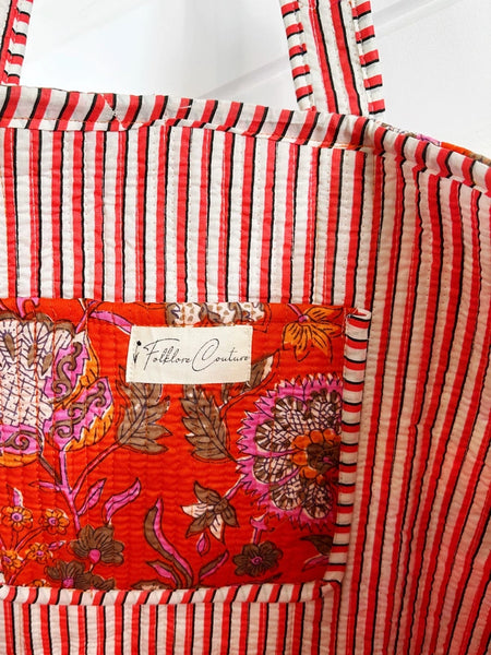 Quilted Block Print Tote Beach Bag Reversible - Orange-Red