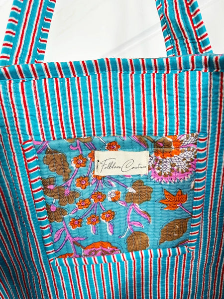 Quilted Block Print Tote Beach Bag Reversible - Aqua Blue