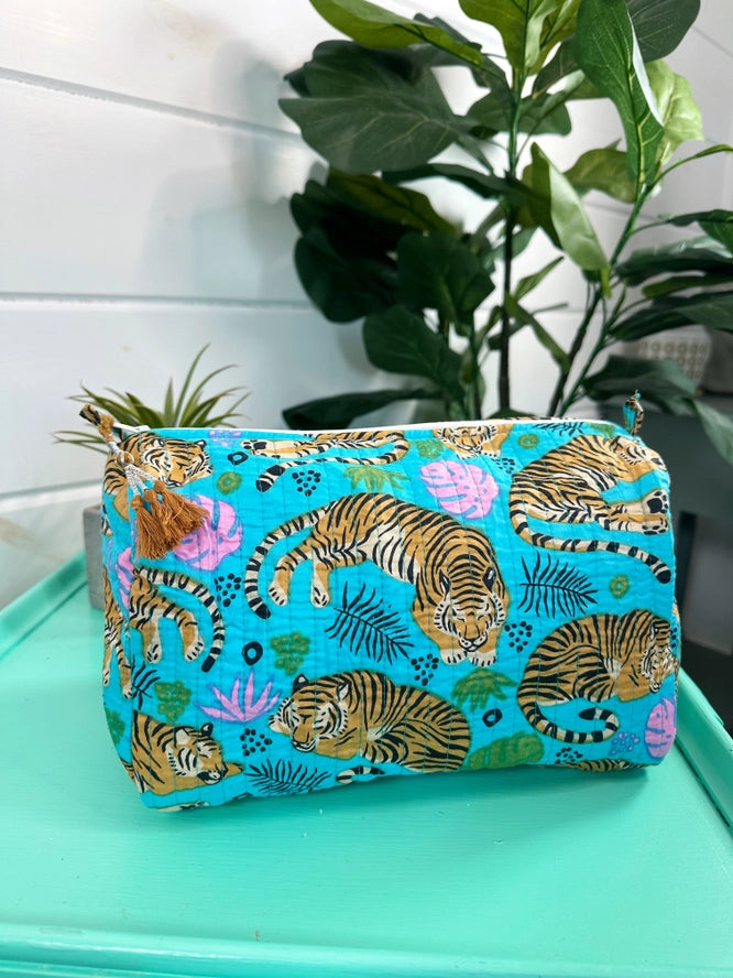 Aqua Blue Tiger Print Quilted Makeup Cosmetics Toiletry Bag