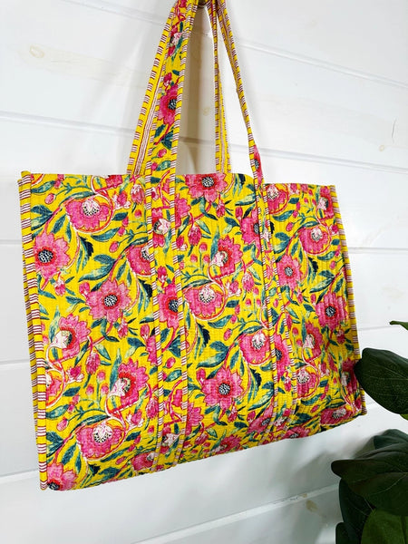 Quilted Block Print Tote Beach Bag Reversible - Yellow