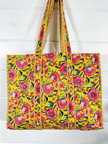 Quilted Block Print Tote Beach Bag Reversible - Yellow