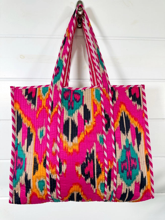 Quilted Cotton Reversible Large Tote Bag - Pink Southwest Ikat Print