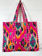Quilted Cotton Reversible Large Tote Bag - Pink Southwest Ikat Print