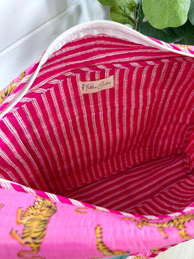 Bright Pink Tiger Print Quilted Weekender Overnight Bag