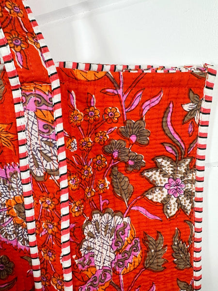 Quilted Block Print Tote Beach Bag Reversible - Orange-Red