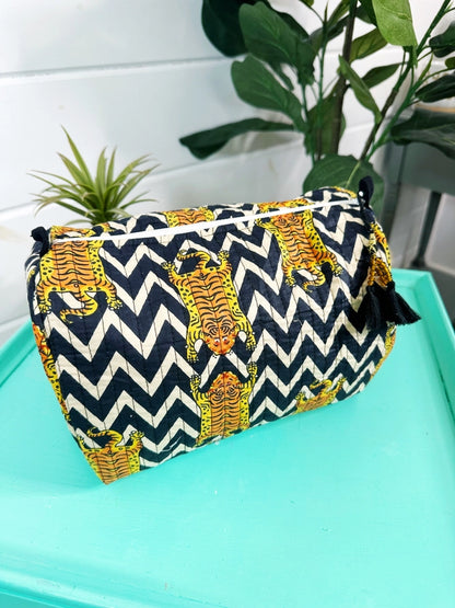 Black White Chevron Tiger Print Quilted Makeup Cosmetics Toiletry Bag