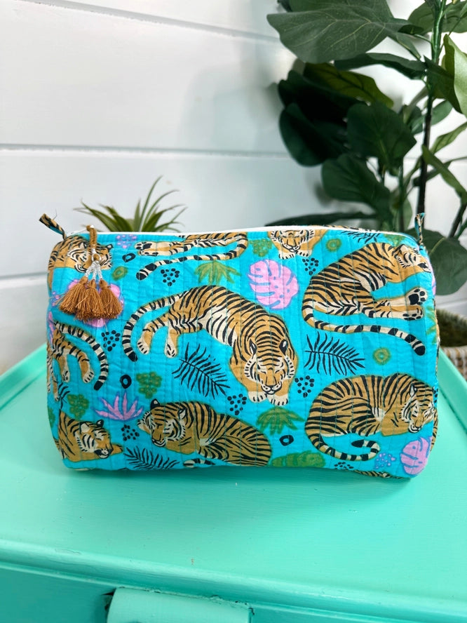 Aqua Blue Tiger Print Quilted Makeup Cosmetics Toiletry Bag
