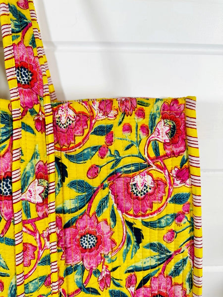 Quilted Block Print Tote Beach Bag Reversible - Yellow