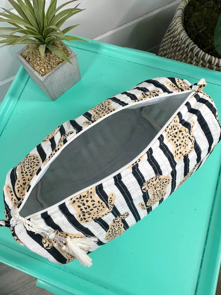 Black White Stripes Jaguar Print Quilted Makeup Cosmetics Toiletry Bag