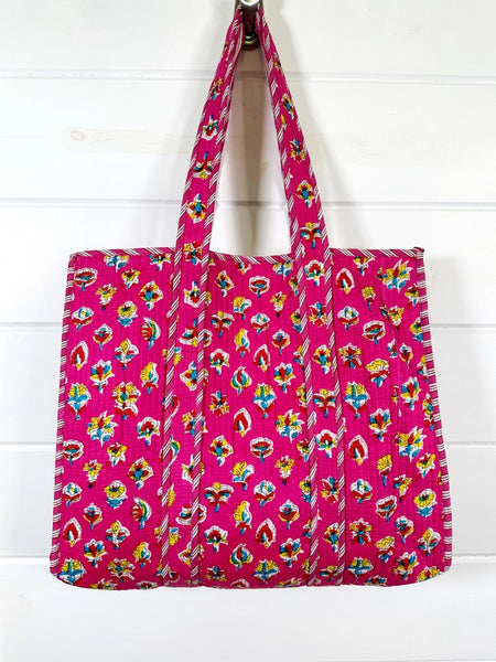 Quilted Block Print Tote Beach Bag Reversible - Pink