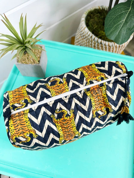 Black White Chevron Tiger Print Quilted Makeup Cosmetics Toiletry Bag