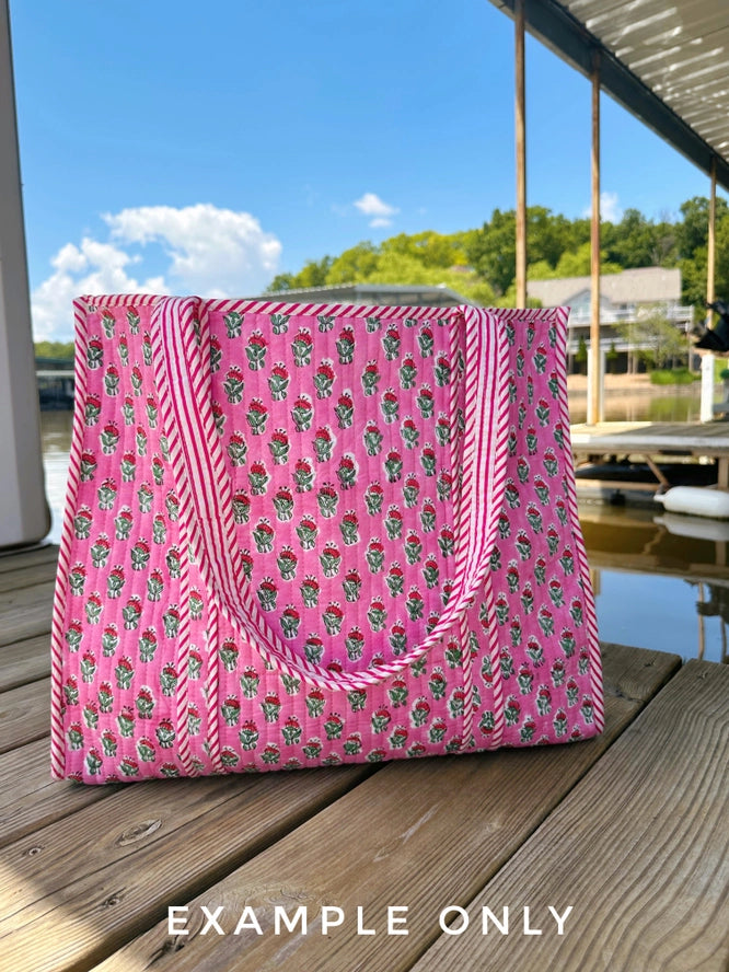 Quilted Cotton Reversible Large Tote Bag - Pink Southwest Ikat Print